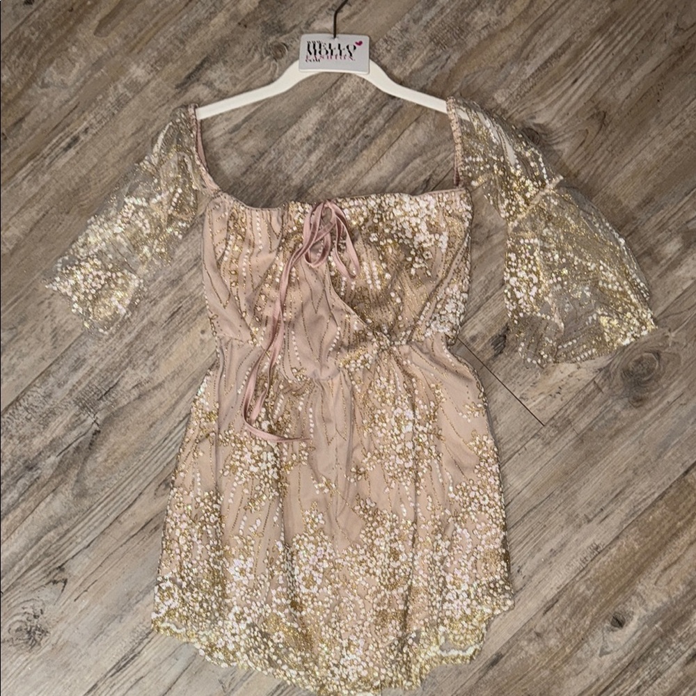 Gold and Pink Sequin Off-Shoulder Dress